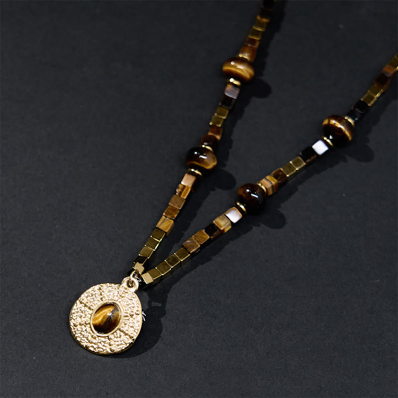 Natural Tiger Eye Square Protection Titanium Steel Necklace Pendant