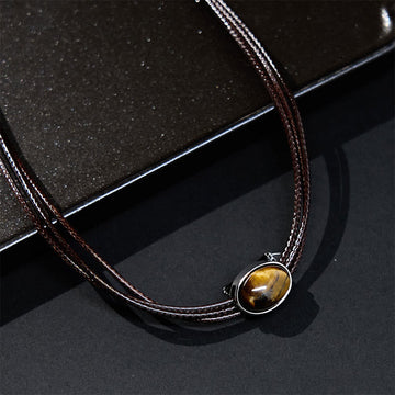 Natural Tiger Eye Ellipse Protection Wax Rope Necklace Pendant