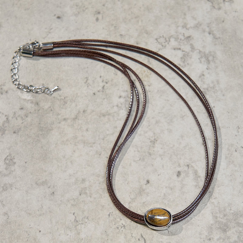Natural Tiger Eye Ellipse Protection Wax Rope Necklace Pendant