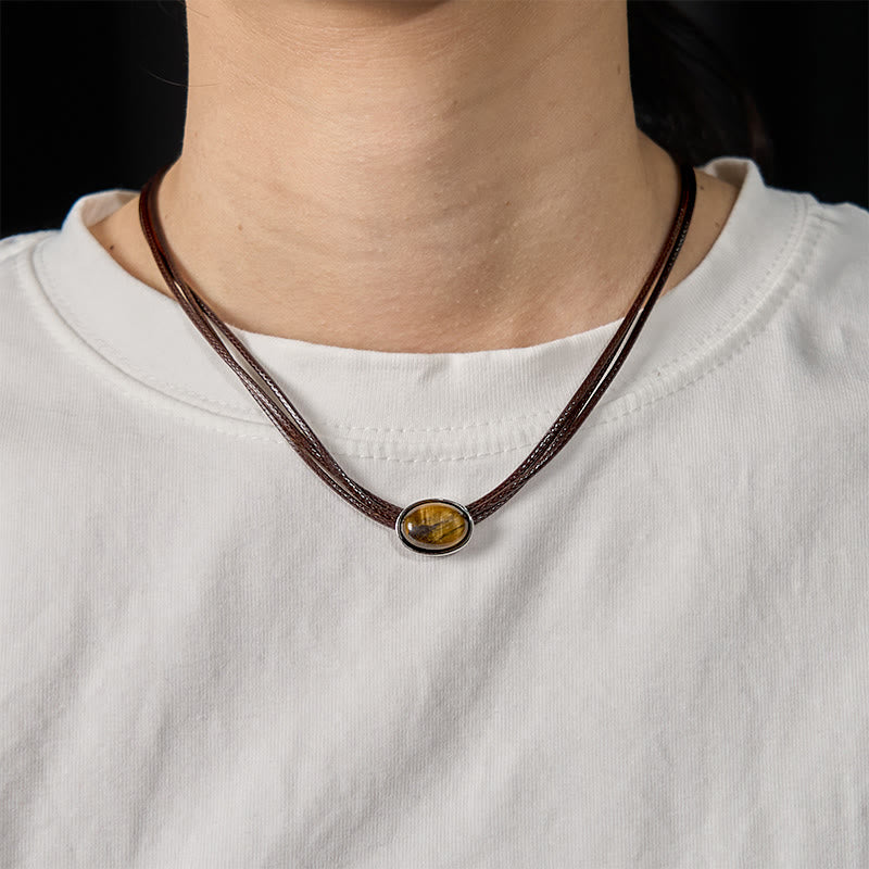 Natural Tiger Eye Ellipse Protection Wax Rope Necklace Pendant