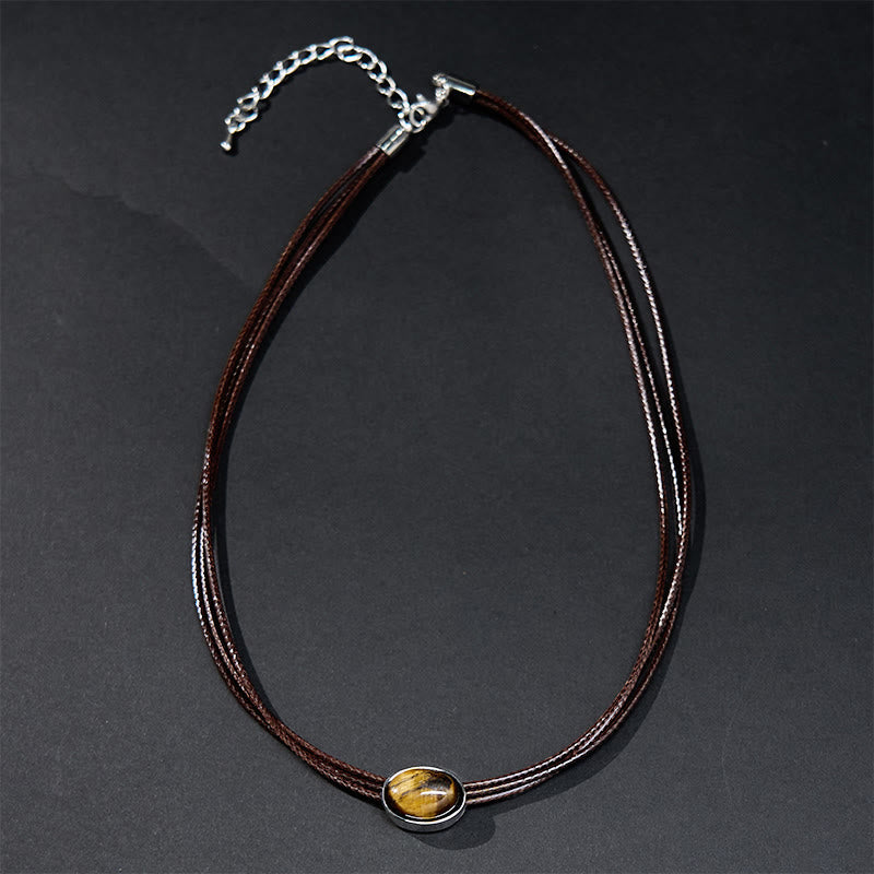 Natural Tiger Eye Ellipse Protection Wax Rope Necklace Pendant