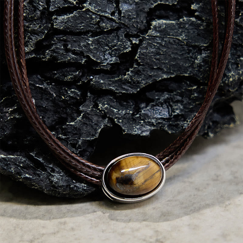 Natural Tiger Eye Ellipse Protection Wax Rope Necklace Pendant
