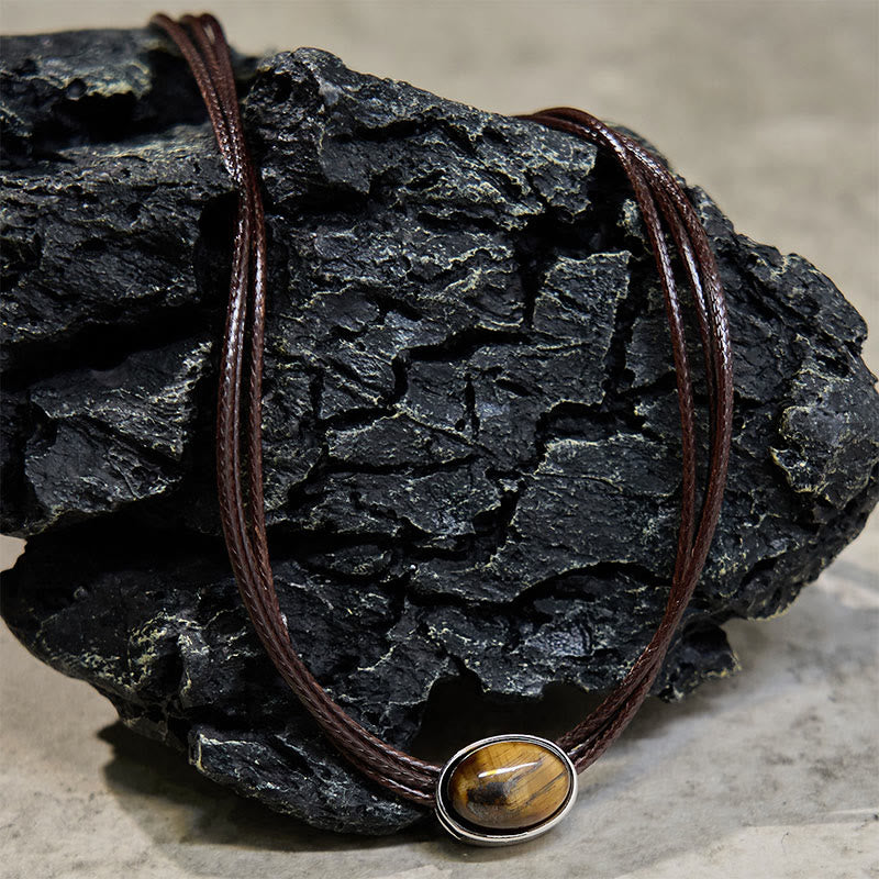 Natural Tiger Eye Ellipse Protection Wax Rope Necklace Pendant