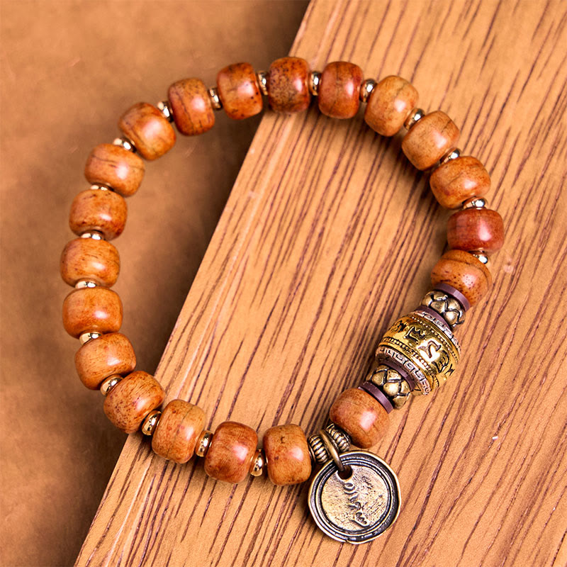 Natural Tibetan Camel Bone Barrel Beads OM Sanskrit Luck Protection Bracelet