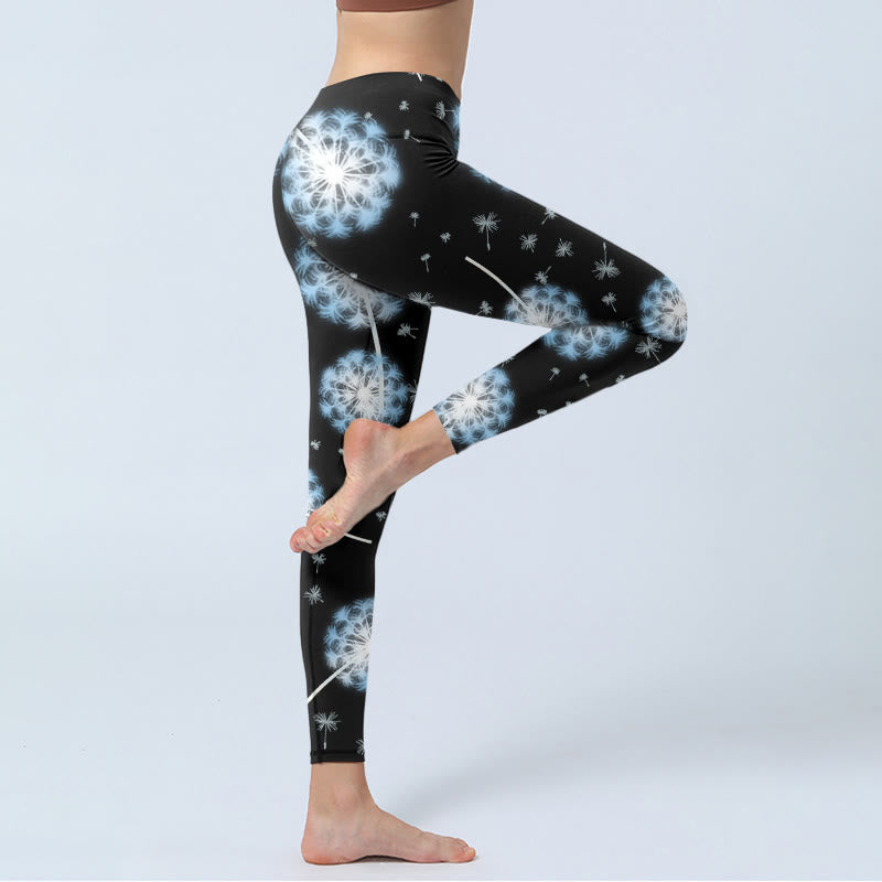 White Dandelion Pattern Print Gym Leggings Women's Yoga Pants