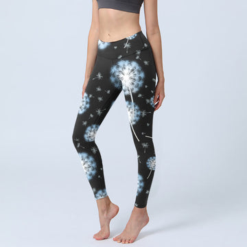 White Dandelion Pattern Print Gym Leggings Women's Yoga Pants