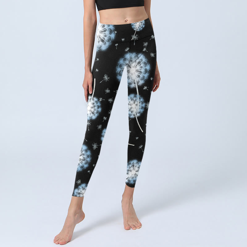 White Dandelion Pattern Print Gym Leggings Women's Yoga Pants