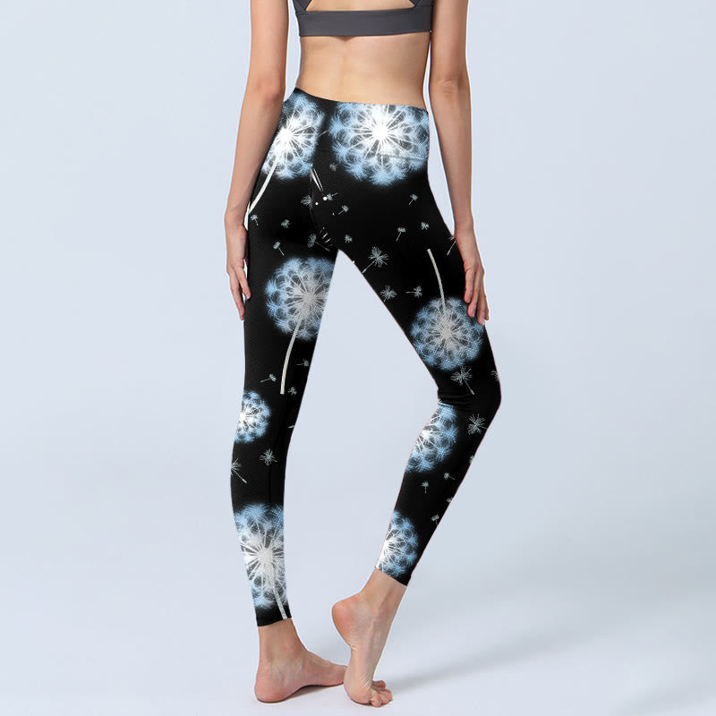 White Dandelion Pattern Print Gym Leggings Women's Yoga Pants