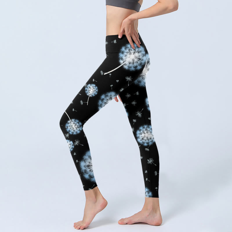 White Dandelion Pattern Print Gym Leggings Women's Yoga Pants