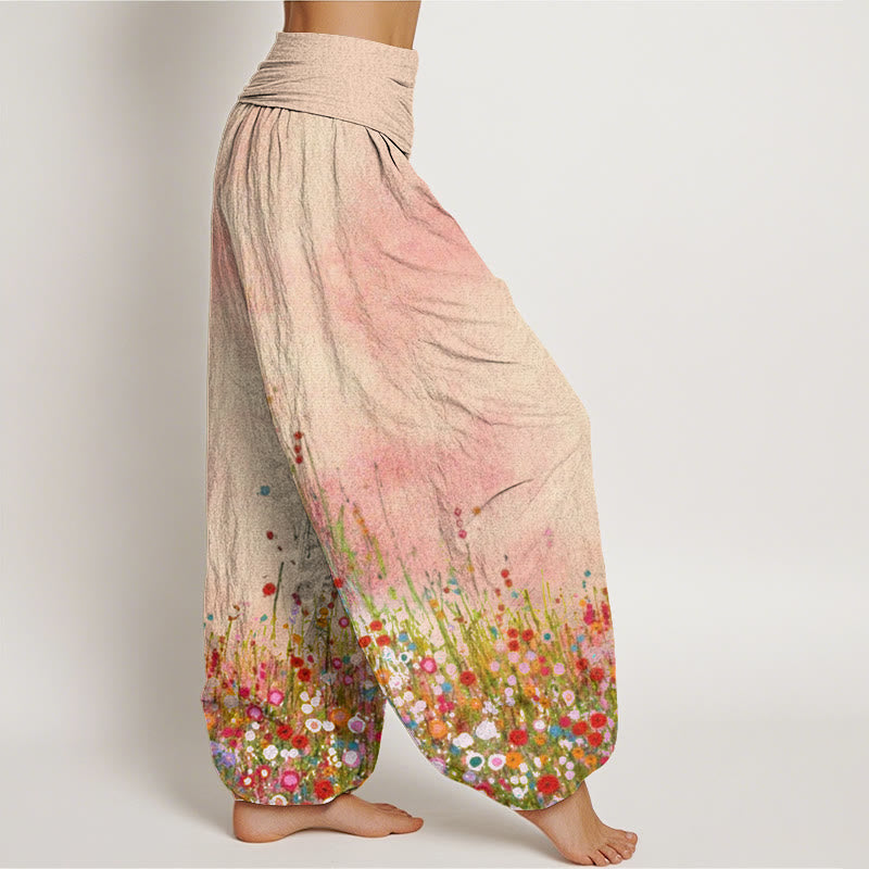 Cotton Casual Colorful Wildflower Field Pattern Women's Elastic Waist Harem Pants