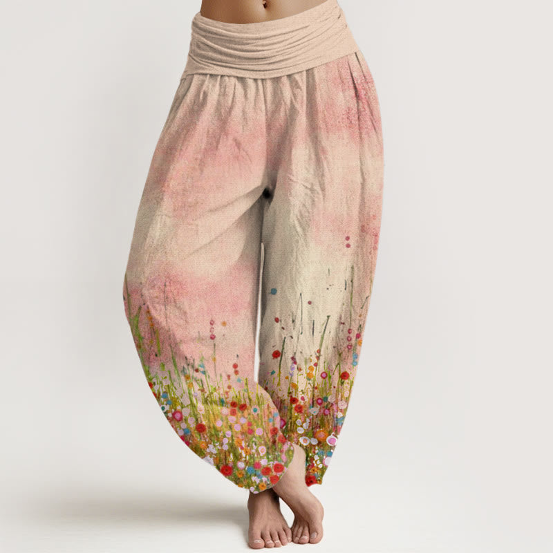 Cotton Casual Colorful Wildflower Field Pattern Women's Elastic Waist Harem Pants