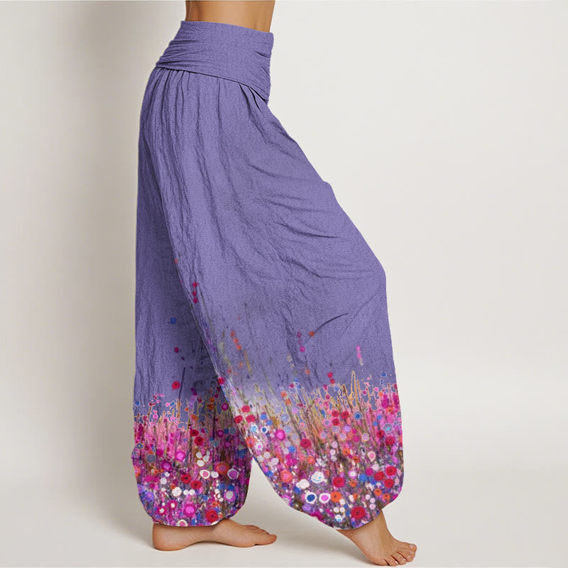 Cotton Casual Colorful Wildflower Field Pattern Women's Elastic Waist Harem Pants
