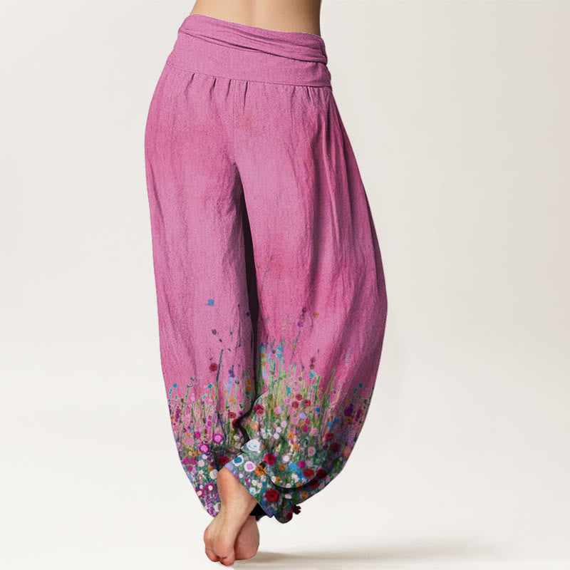 Cotton Casual Colorful Wildflower Field Pattern Women's Elastic Waist Harem Pants