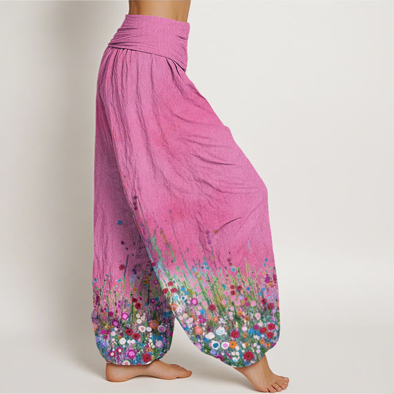 Cotton Casual Colorful Wildflower Field Pattern Women's Elastic Waist Harem Pants