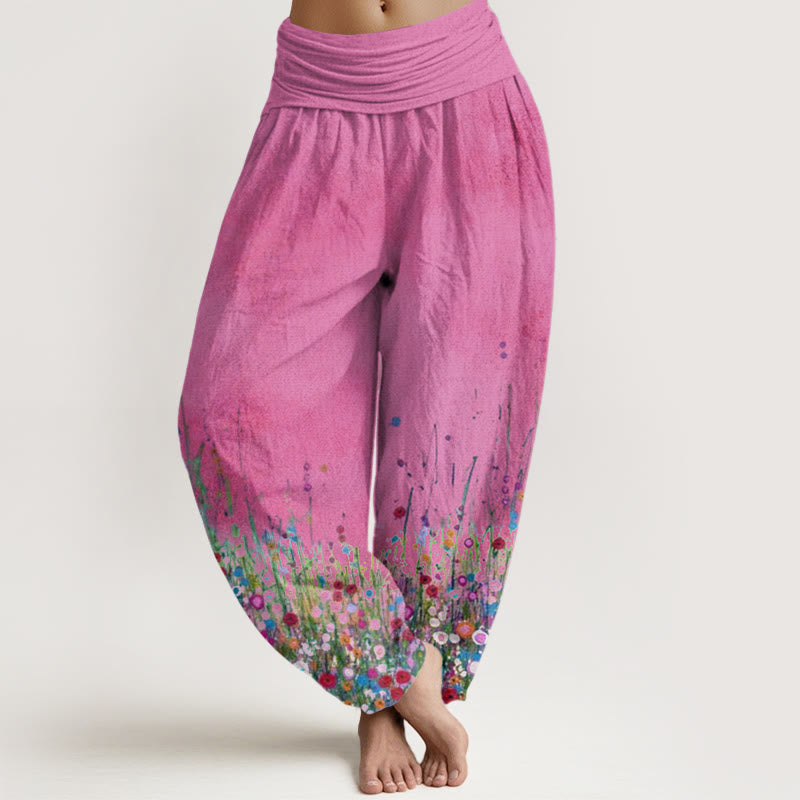 Cotton Casual Colorful Wildflower Field Pattern Women's Elastic Waist Harem Pants