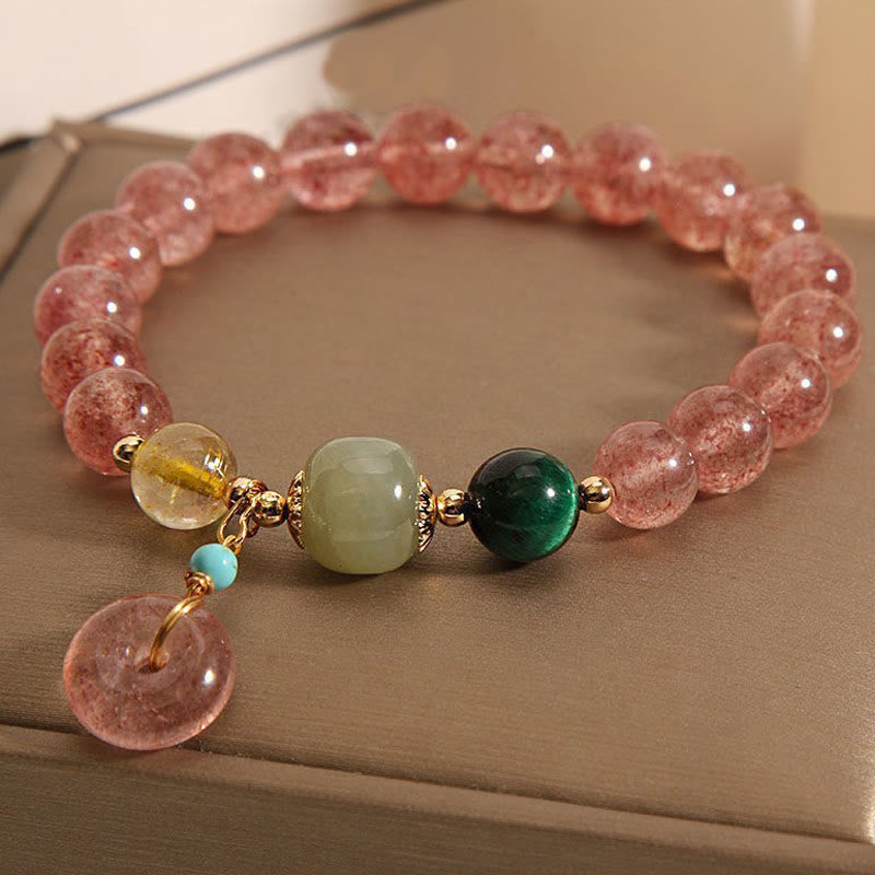 Natural Strawberry Quartz & Hetian Jade Ping An Kou Peace Buckle Citrine Bracelet