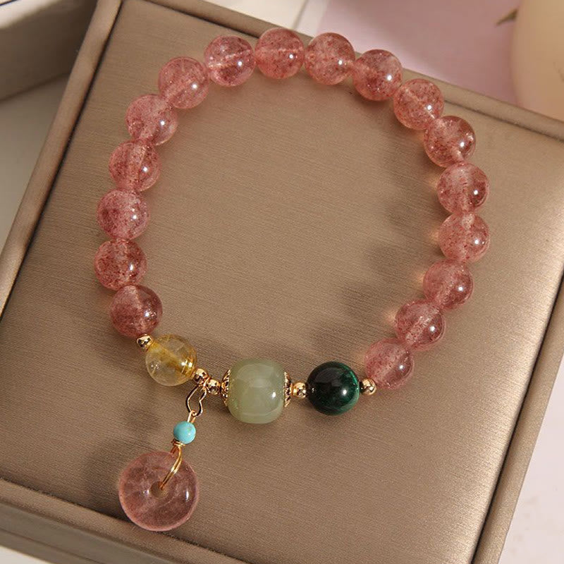 Natural Strawberry Quartz & Hetian Jade Ping An Kou Peace Buckle Citrine Bracelet