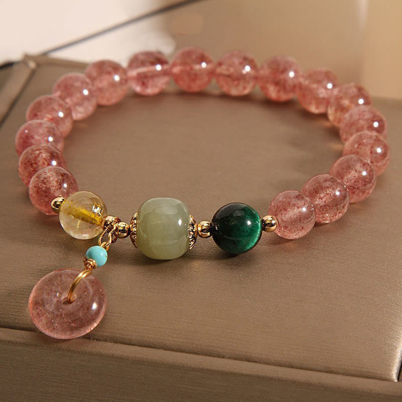 Natural Strawberry Quartz & Hetian Jade Ping An Kou Peace Buckle Citrine Bracelet