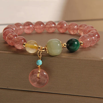 Natural Strawberry Quartz & Hetian Jade Ping An Kou Peace Buckle Citrine Bracelet