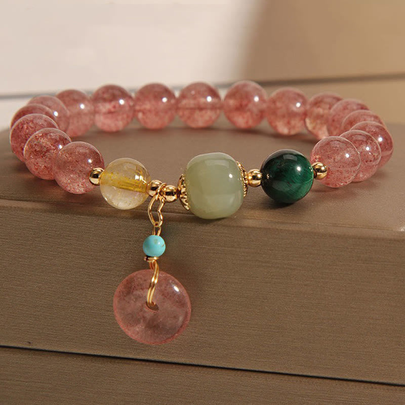 Natural Strawberry Quartz & Hetian Jade Ping An Kou Peace Buckle Citrine Bracelet