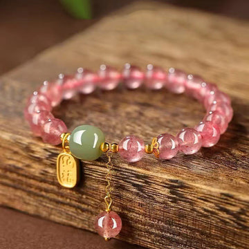 Natural Strawberry Quartz and Hetian Jade Beaded Fu Character Bracelet