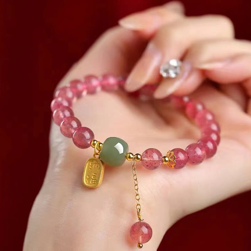 Natural Strawberry Quartz and Hetian Jade Beaded Fu Character Bracelet