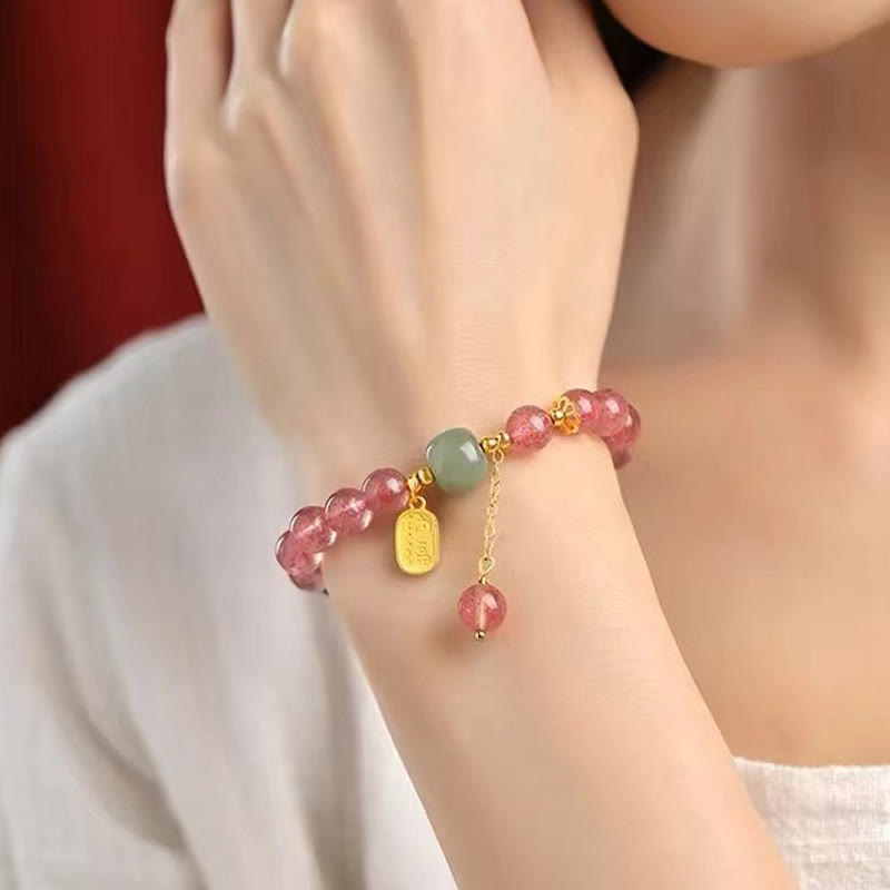 Natural Strawberry Quartz and Hetian Jade Beaded Fu Character Bracelet