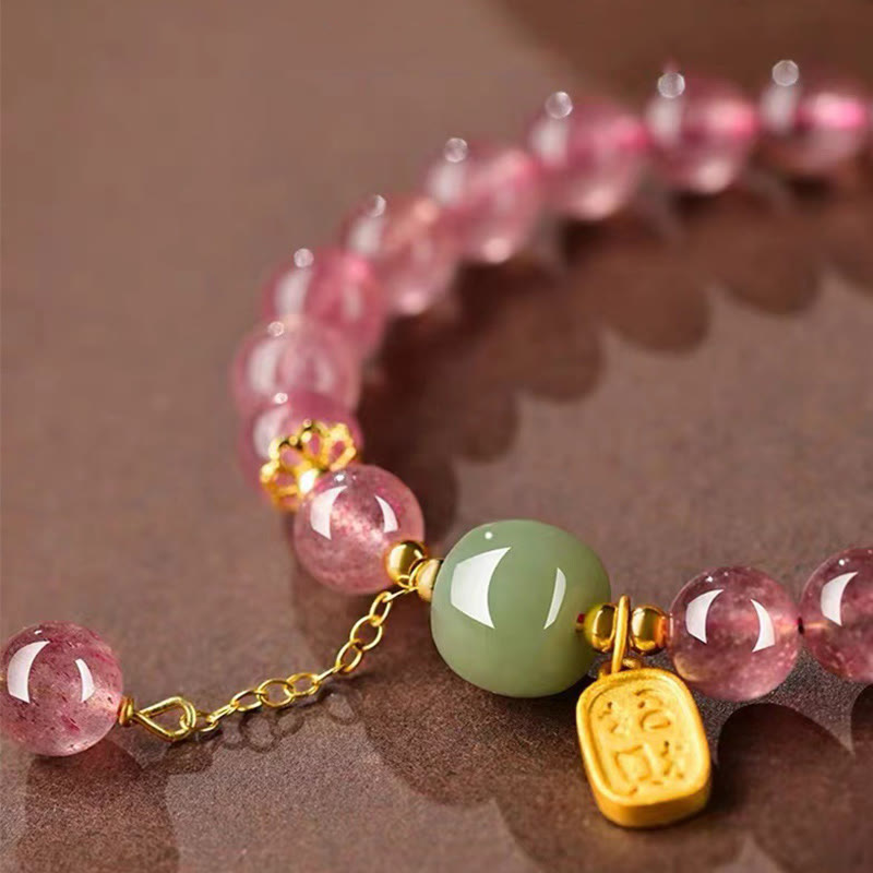 Natural Strawberry Quartz and Hetian Jade Beaded Fu Character Bracelet