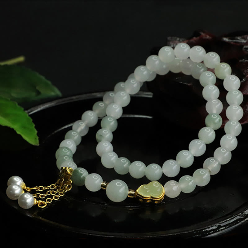 Natural Tianshan Jade Double Circle Bracelet with Pearl, Wu Lou & Lotus Charm