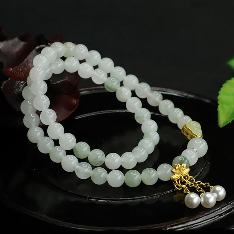 Natural Tianshan Jade Double Circle Bracelet with Pearl, Wu Lou & Lotus Charm