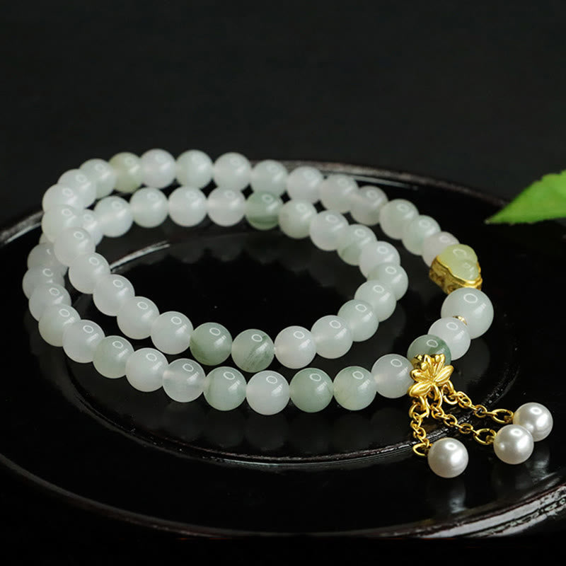 Natural Tianshan Jade Double Circle Bracelet with Pearl, Wu Lou & Lotus Charm