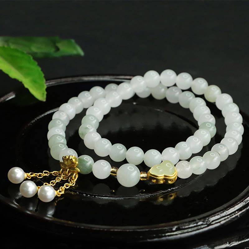 Natural Tianshan Jade Double Circle Bracelet with Pearl, Wu Lou & Lotus Charm