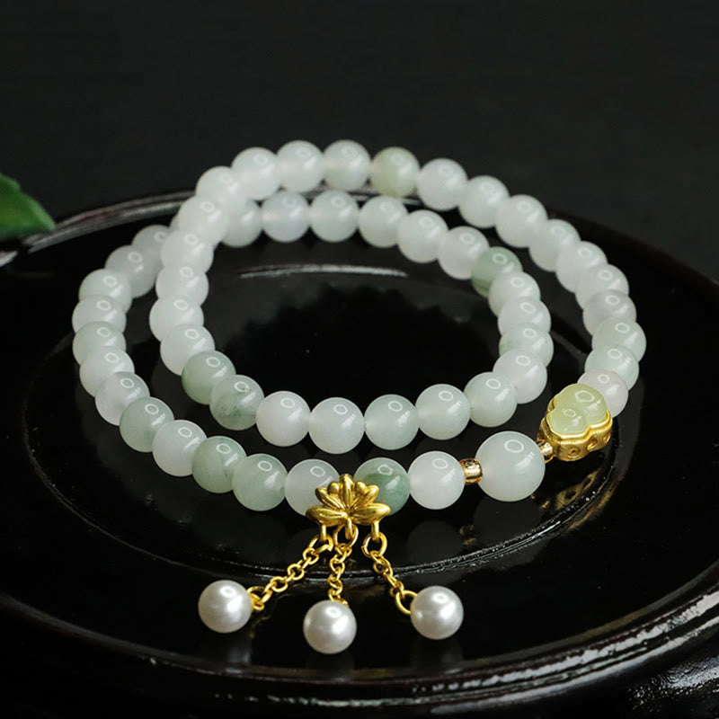 Natural Tianshan Jade Double Circle Bracelet with Pearl, Wu Lou & Lotus Charm