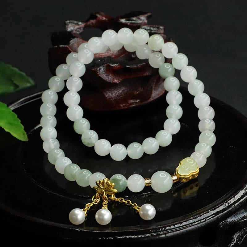 Natural Tianshan Jade Double Circle Bracelet with Pearl, Wu Lou & Lotus Charm