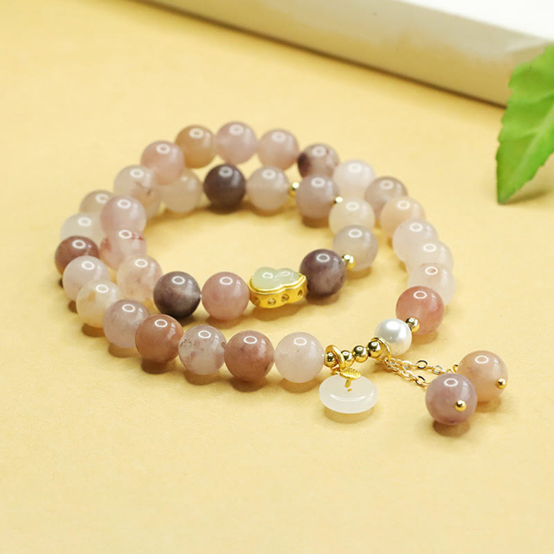 Natural Golden Silk Jade Double Layer Ping An Kou and Wu Lou Gourd Bracelet