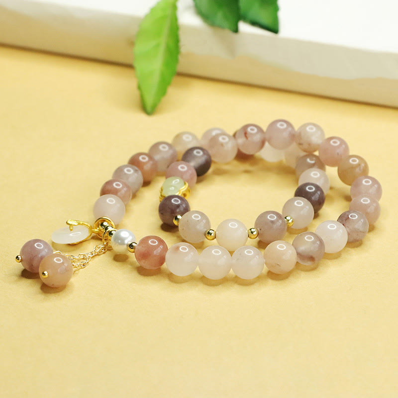 Natural Golden Silk Jade Double Layer Ping An Kou and Wu Lou Gourd Bracelet