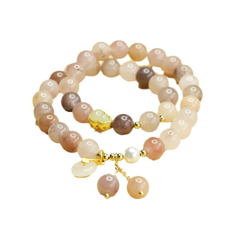 Natural Golden Silk Jade Double Layer Ping An Kou and Wu Lou Gourd Bracelet
