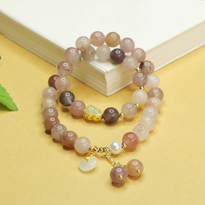Natural Golden Silk Jade Double Layer Ping An Kou and Wu Lou Gourd Bracelet