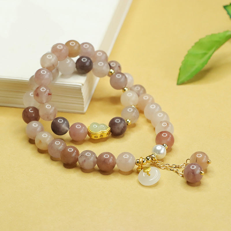 Natural Golden Silk Jade Double Layer Ping An Kou and Wu Lou Gourd Bracelet