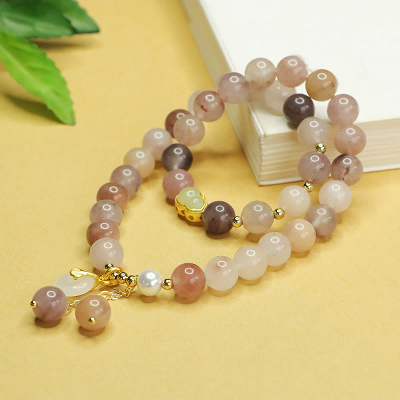 Natural Golden Silk Jade Double Layer Ping An Kou and Wu Lou Gourd Bracelet