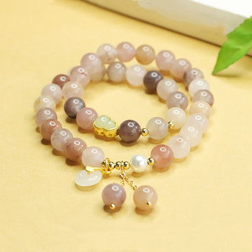 Natural Golden Silk Jade Double Layer Ping An Kou and Wu Lou Gourd Bracelet
