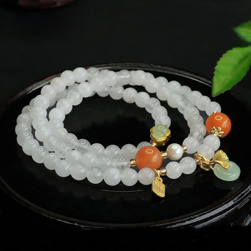 Natural White Jade and Golden Silk Jade Multi-Layer Wu Lou Ping An Kou Bracelet
