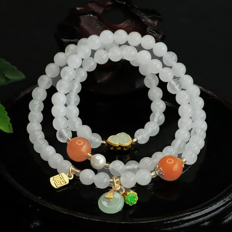 Natural White Jade and Golden Silk Jade Multi-Layer Wu Lou Ping An Kou Bracelet