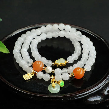 Natural White Jade and Golden Silk Jade Multi-Layer Wu Lou Ping An Kou Bracelet