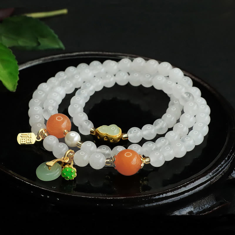 Natural White Jade and Golden Silk Jade Multi-Layer Wu Lou Ping An Kou Bracelet