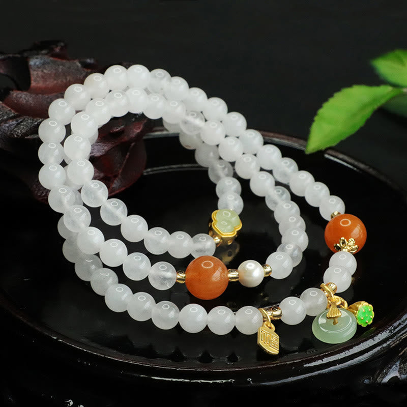 Natural White Jade and Golden Silk Jade Multi-Layer Wu Lou Ping An Kou Bracelet