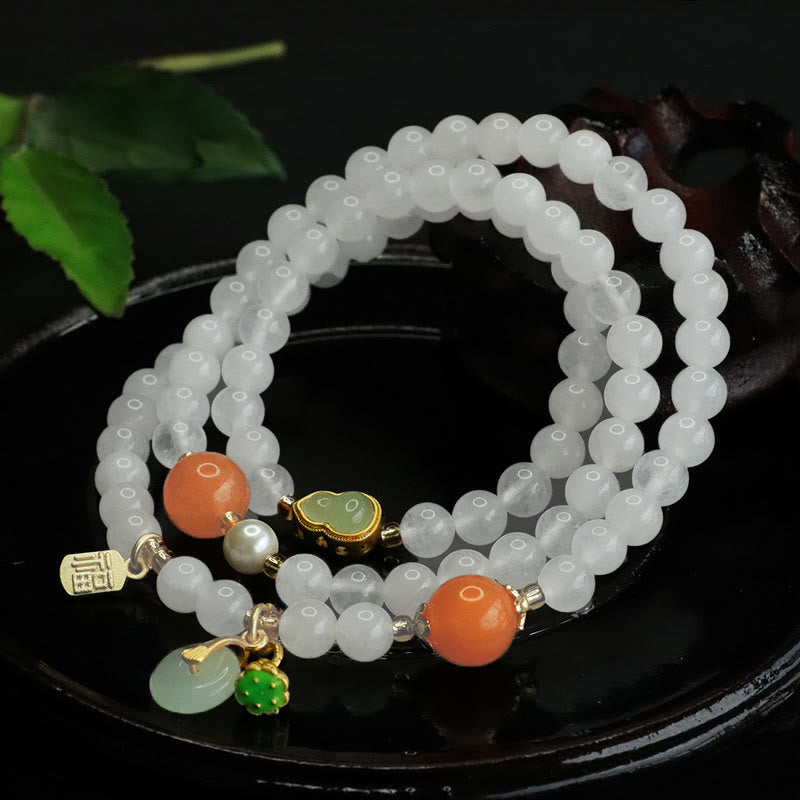 Natural White Jade and Golden Silk Jade Multi-Layer Wu Lou Ping An Kou Bracelet