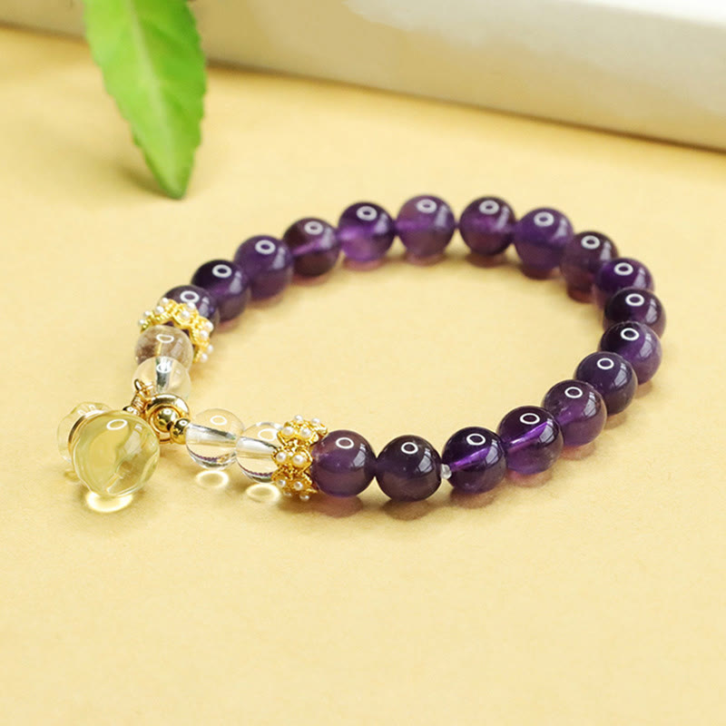 Natural Citrine and Amethyst Money Bag Clear Quartz Beaded Bracelet