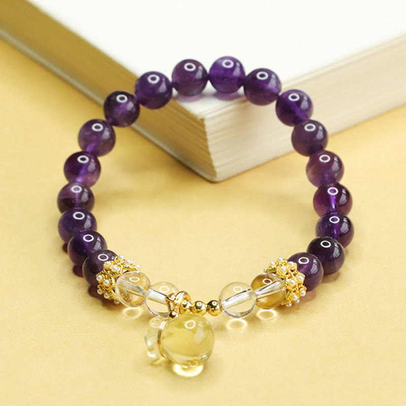 Natural Citrine and Amethyst Money Bag Clear Quartz Beaded Bracelet
