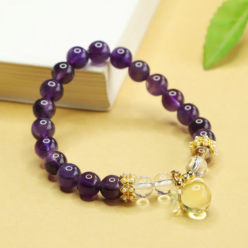 Natural Citrine and Amethyst Money Bag Clear Quartz Beaded Bracelet